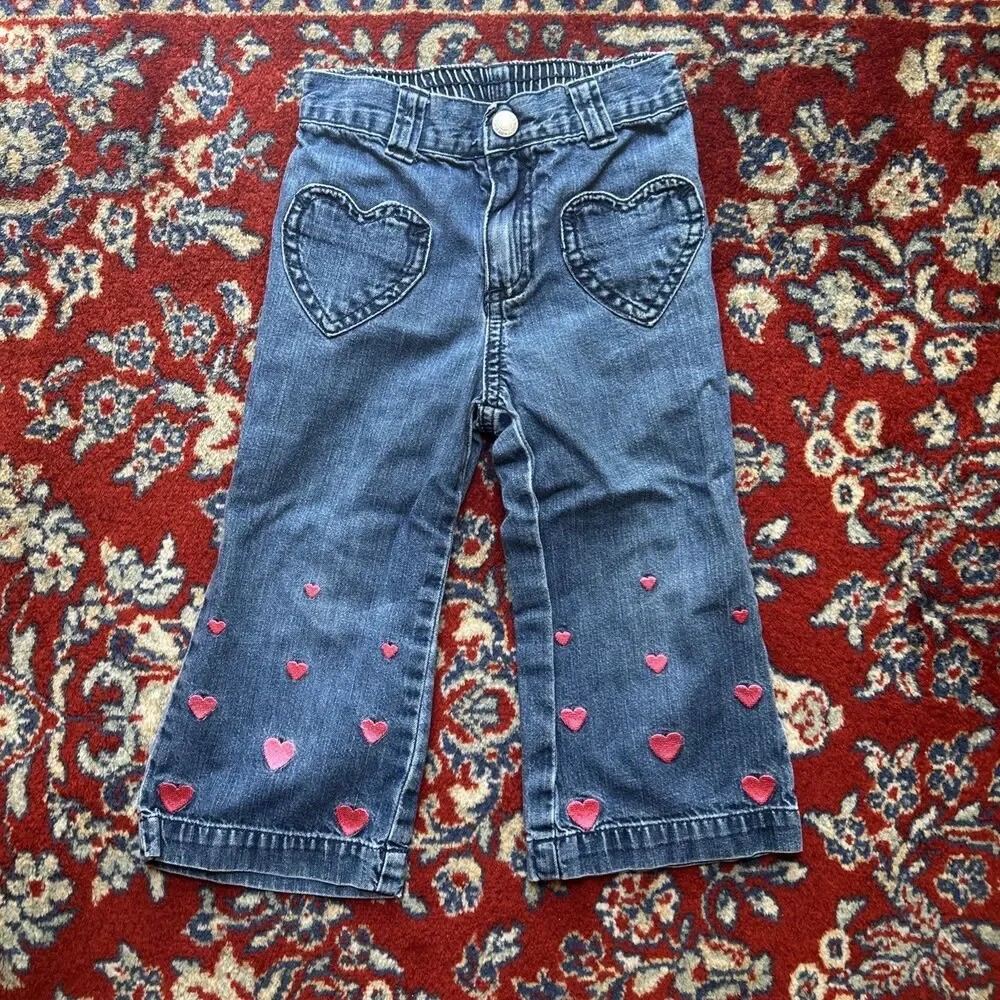 2004 Old Navy 2T Jeans Embroidered Hearts with Heart Pockets Flared Leg Y2K